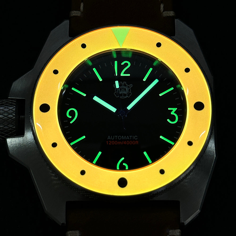 STEELDIVE SD2212 front view on a light brown leather strap showing the date window