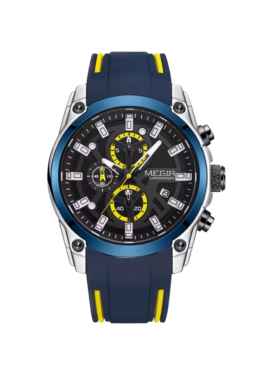 Blue and silver watch with yellow accents on a white background