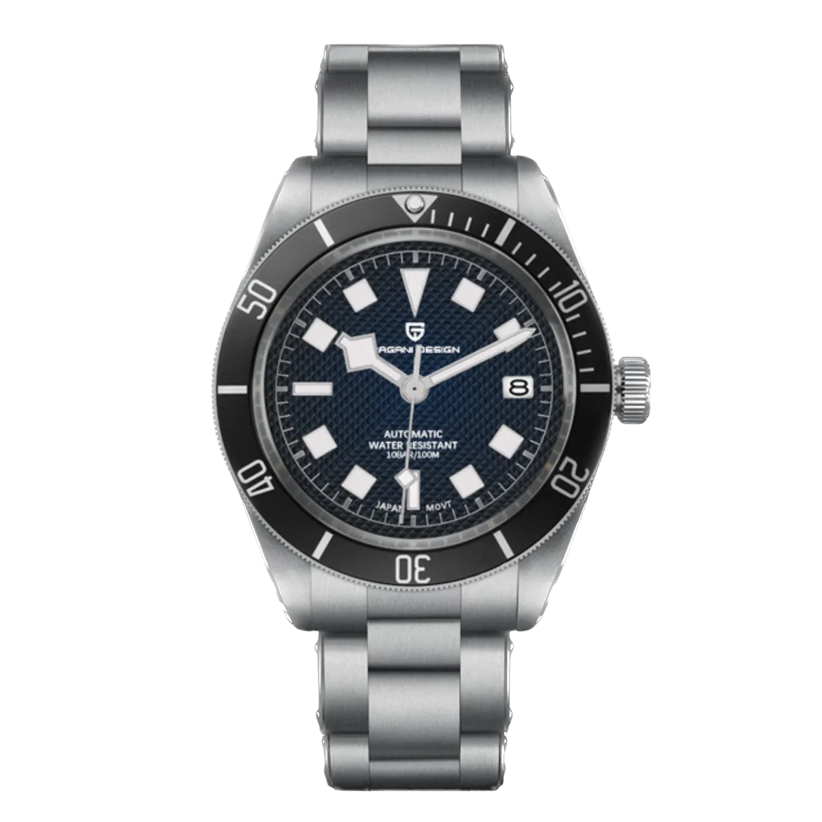 Silver watch with a blue face on a white background