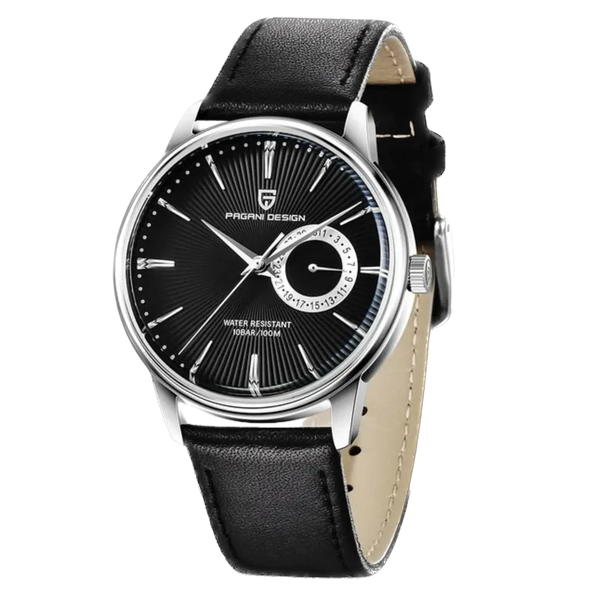 Black wristwatch with a silver case on a white background