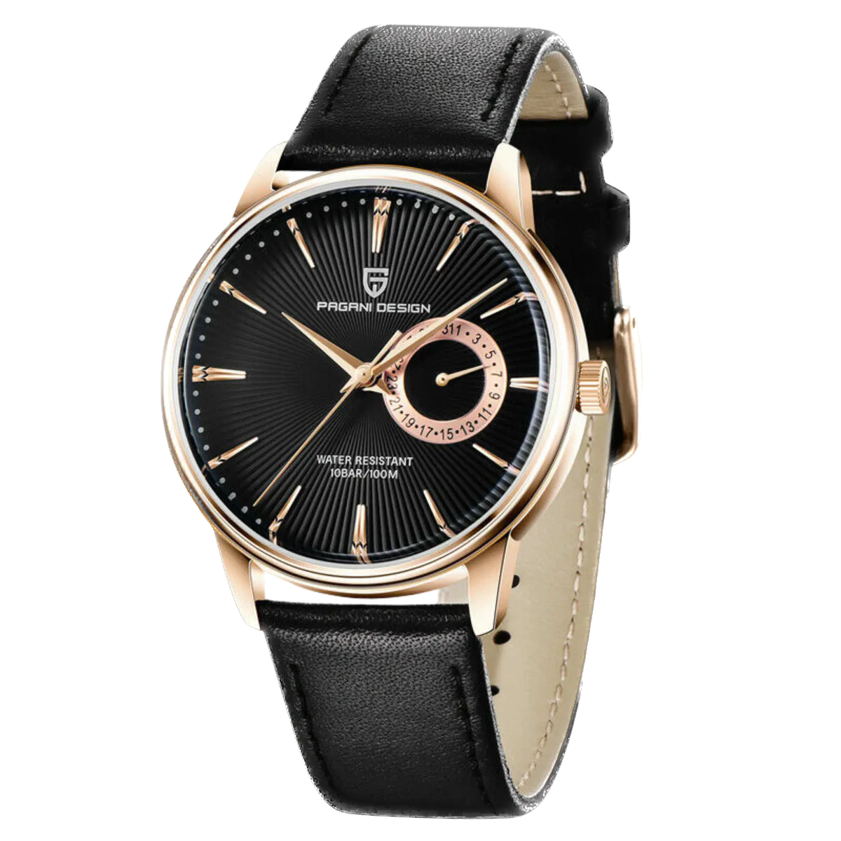 Black watch with gold accents on a white background