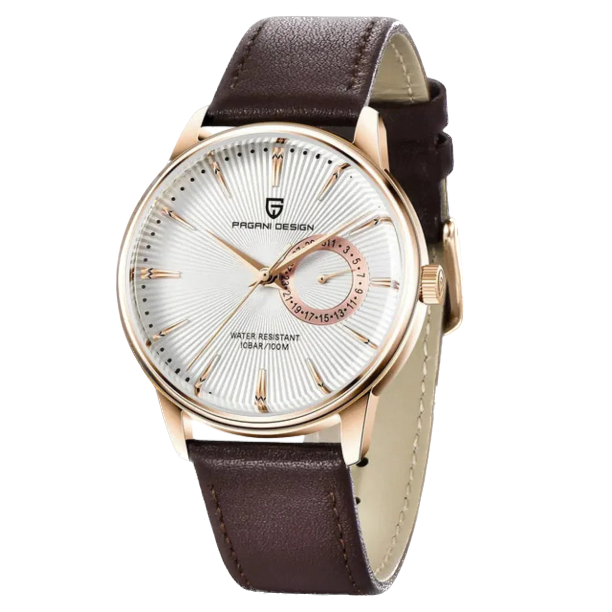 Watch with brown leather strap and gold casing on a white background