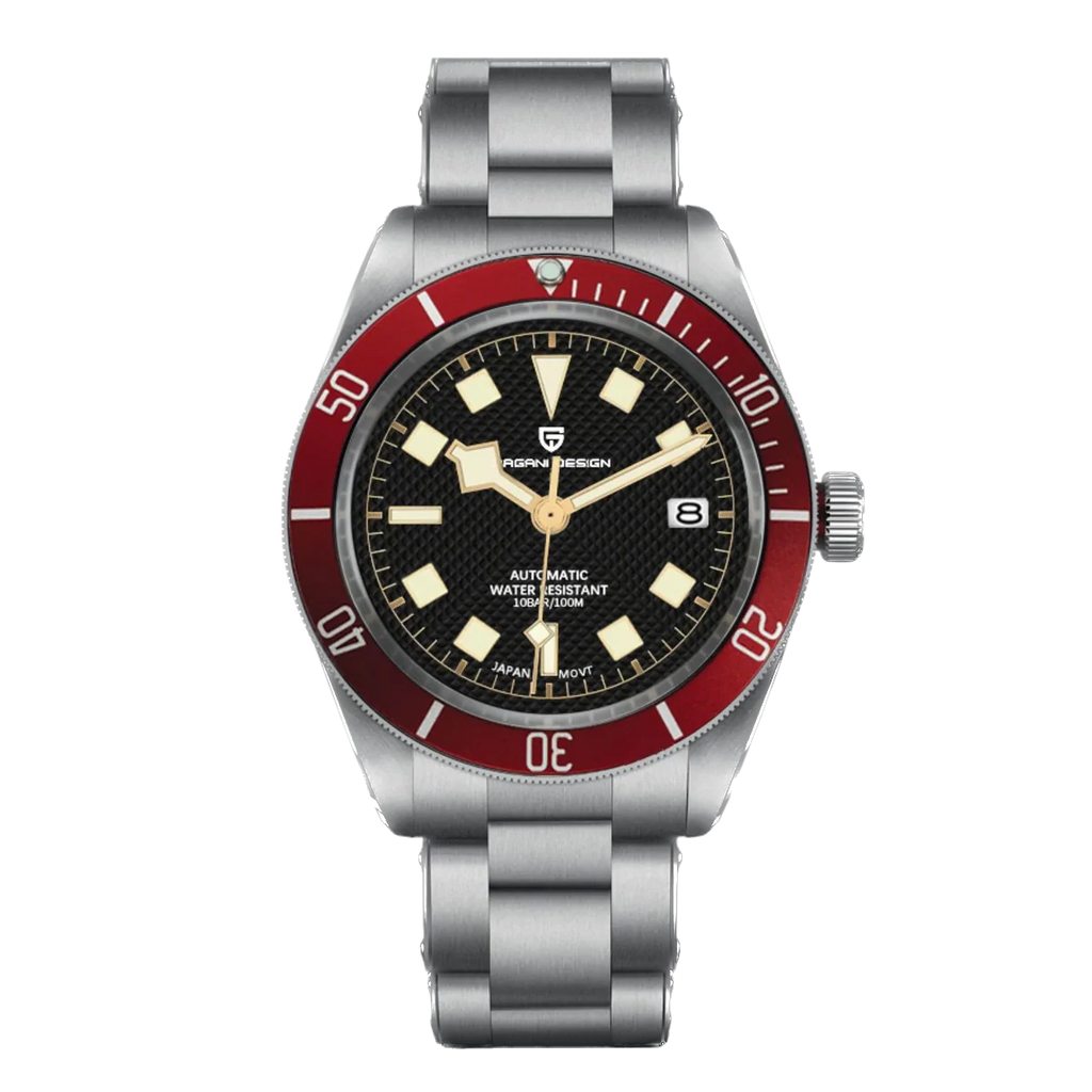 Watch with a black face, red bezel, and silver bracelet on a white background
