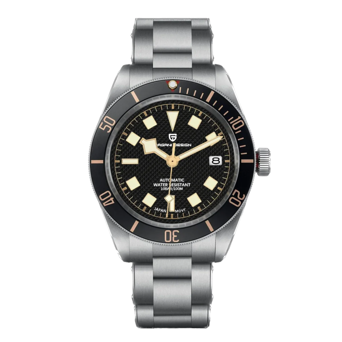 Watch with black dial and silver metal strap on a white background