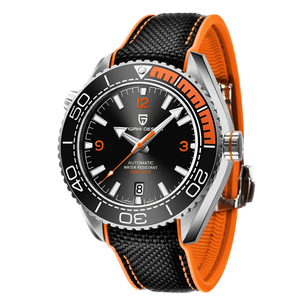 Watch with black and orange strap on a white background