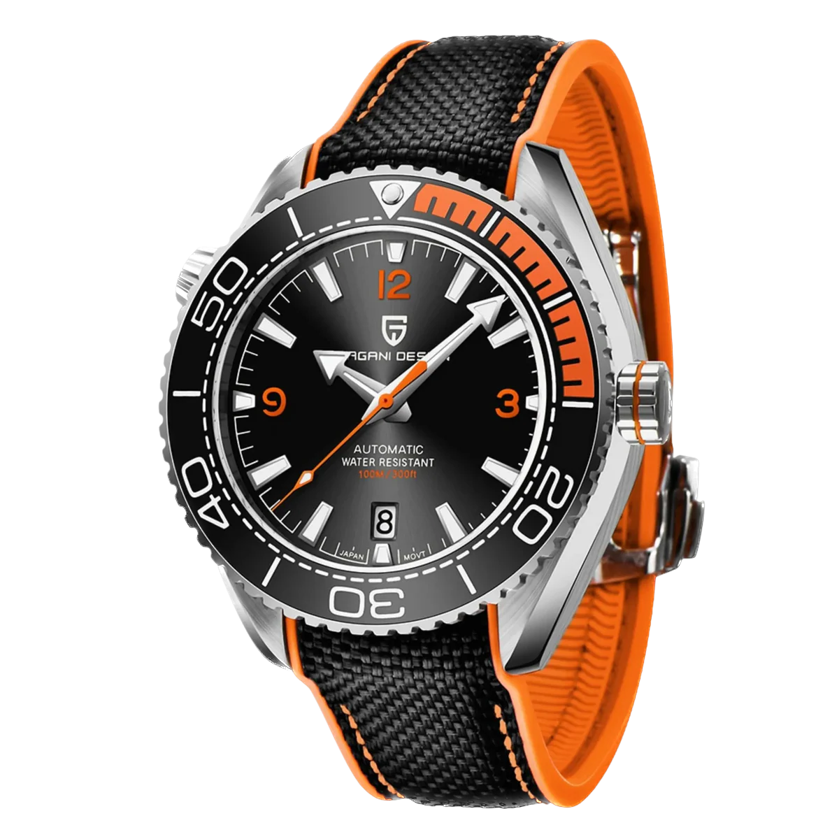 Watch with black and orange strap on a white background