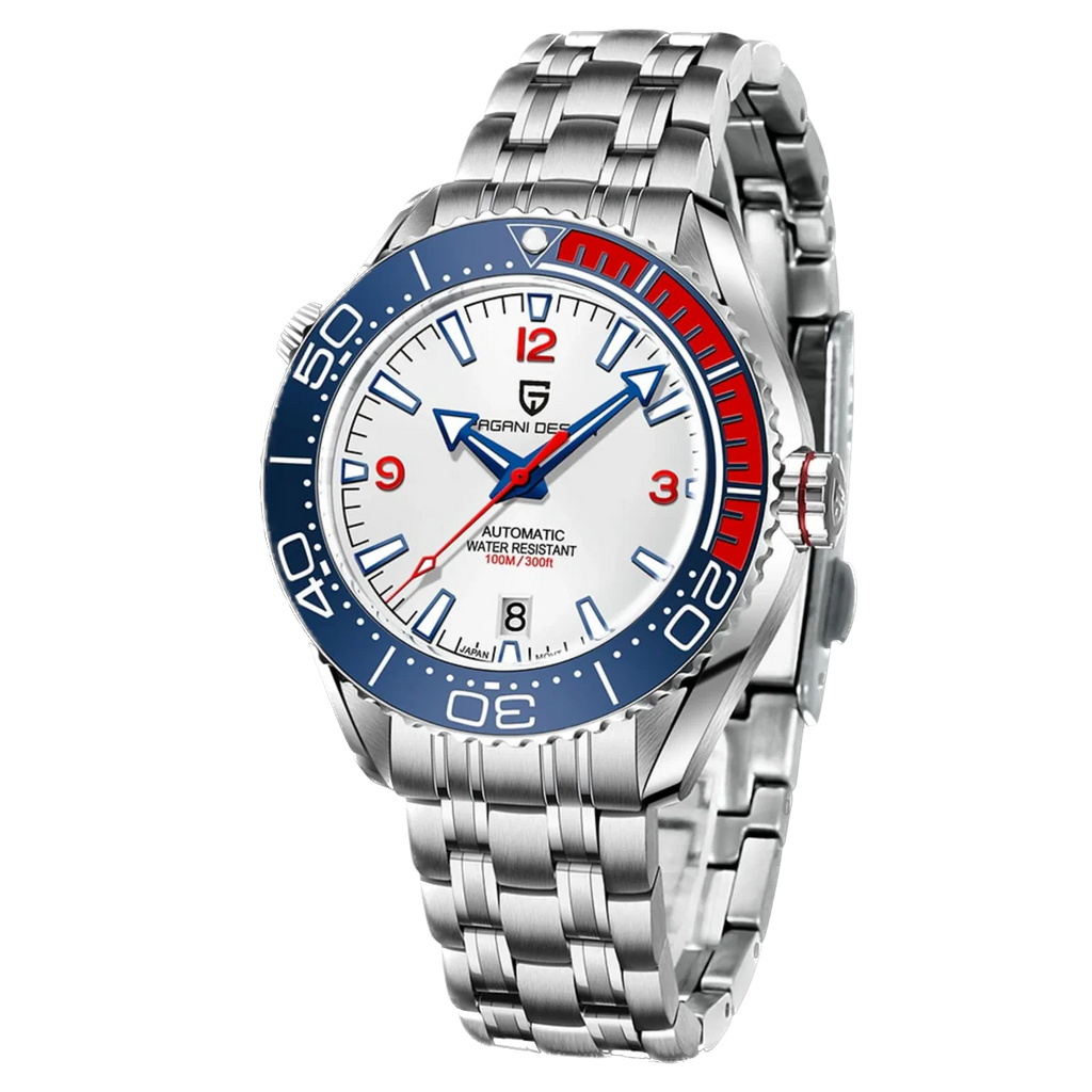 Watch with silver bracelet and blue and red dial on a white background