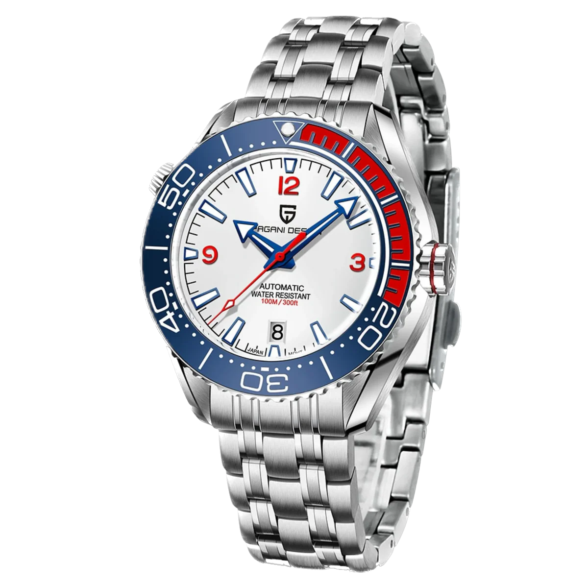 Watch with silver bracelet and blue and red dial on a white background