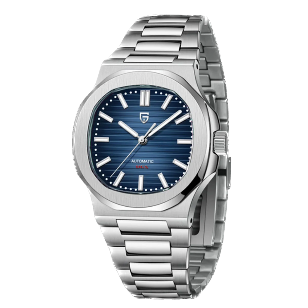 Silver watch with blue dial on a white background