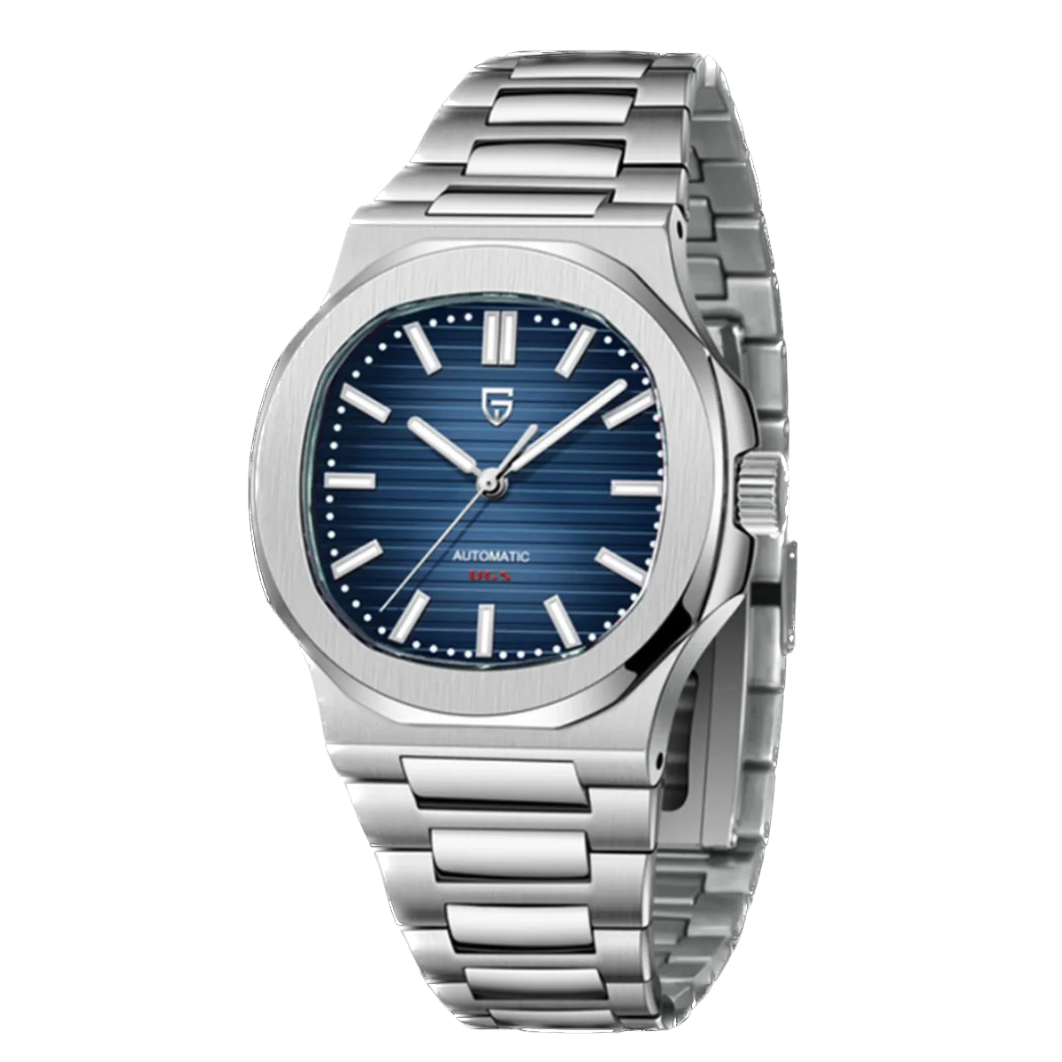 Silver watch with blue dial on a white background