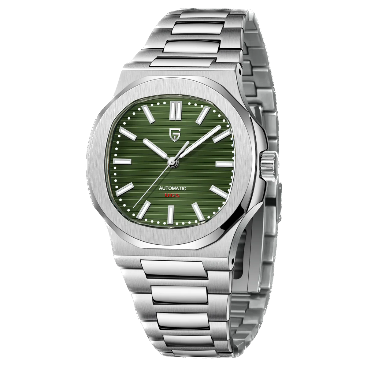 Silver watch with a green dial on a white background