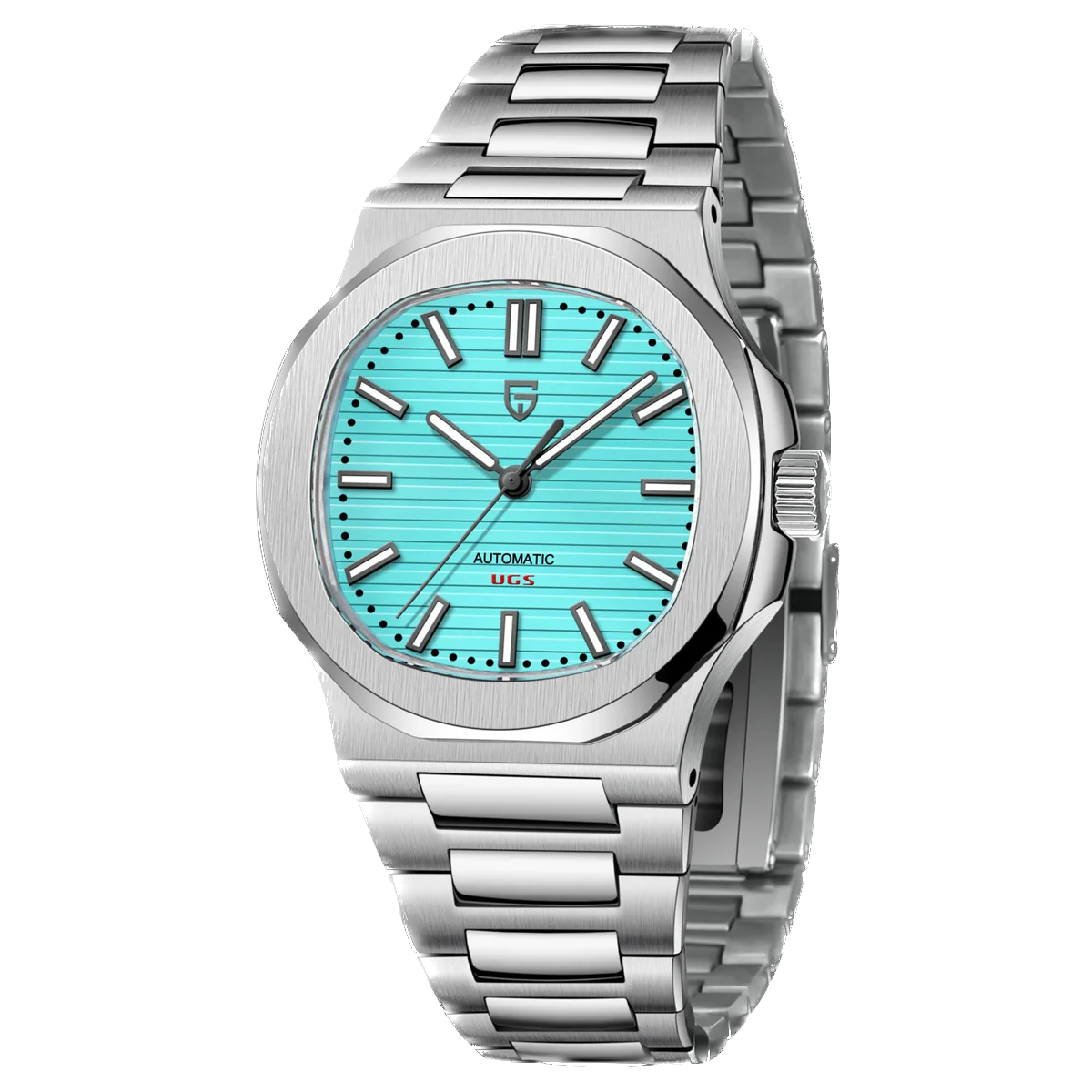 Silver watch with a turquoise dial on a white background