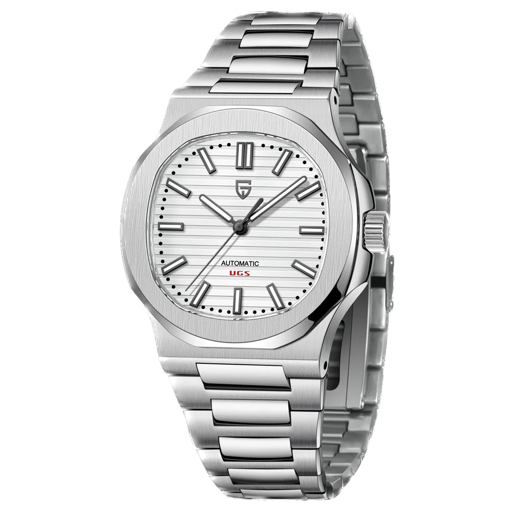 Silver watch with a white face on a white background