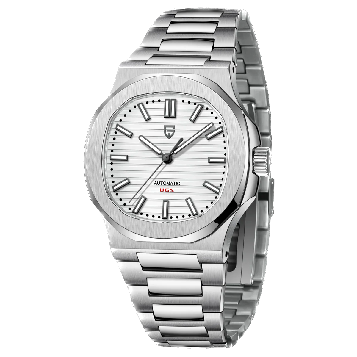 Silver watch with a white face on a white background
