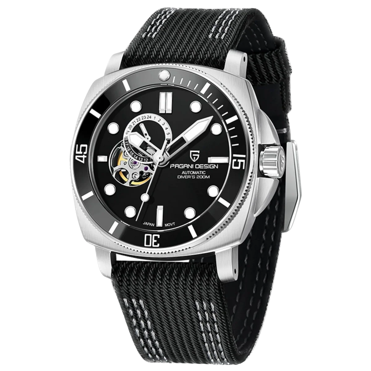 Black wristwatch with a detailed face on a white background