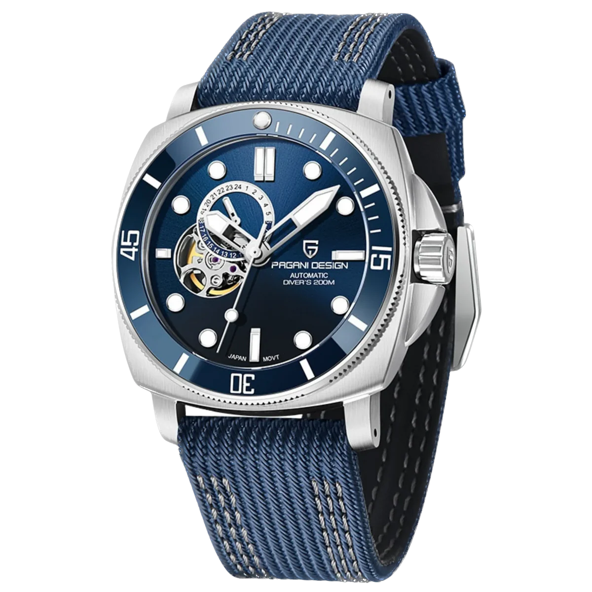 Watch with blue strap and blue dial on a white background