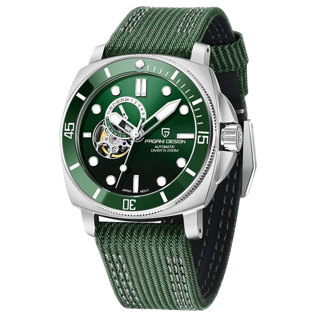 Green watch with a detailed face on a white background