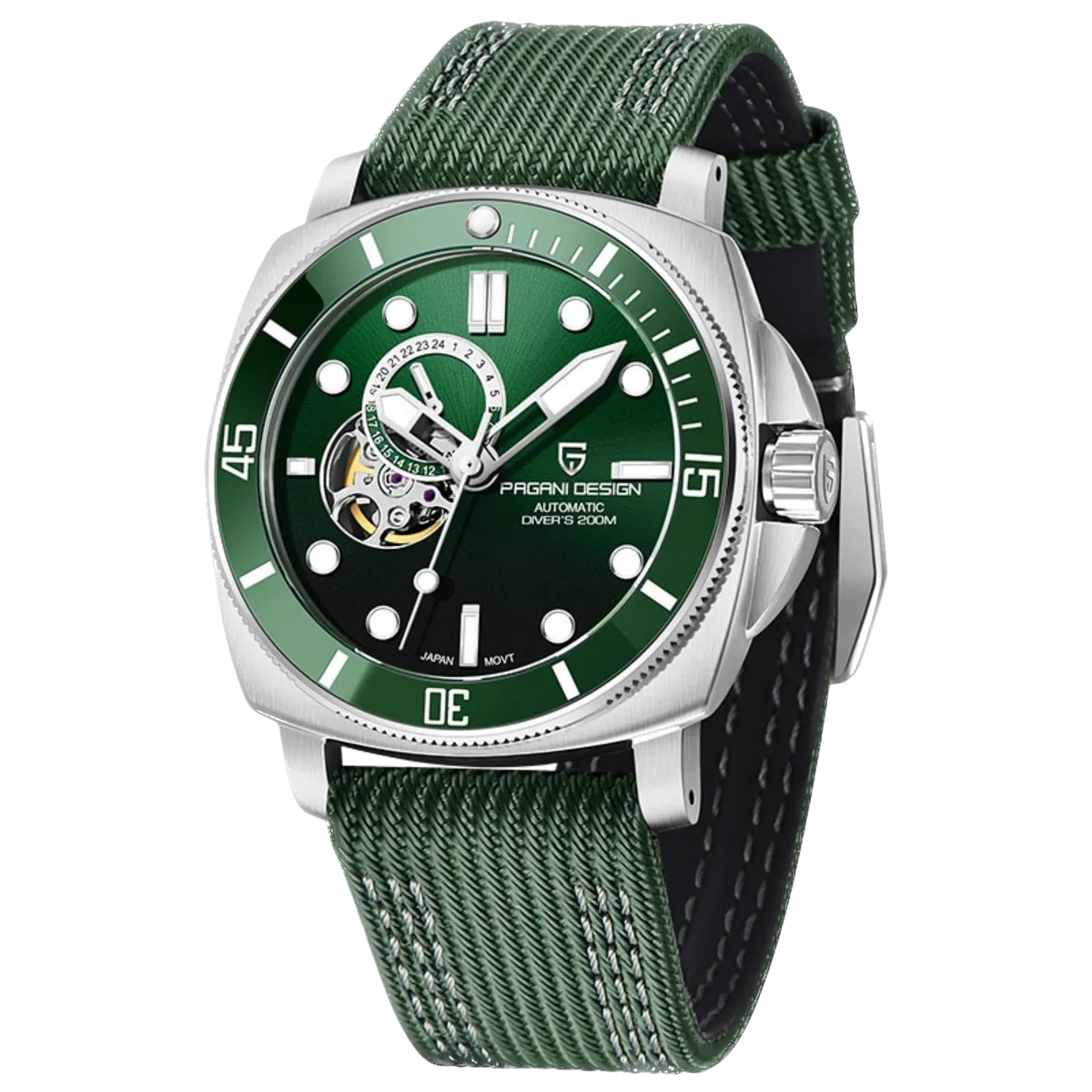 Green watch with a detailed face on a white background