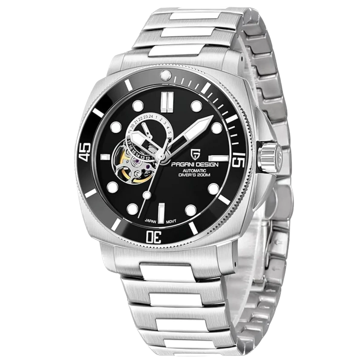 Silver wristwatch with black dial on a white background