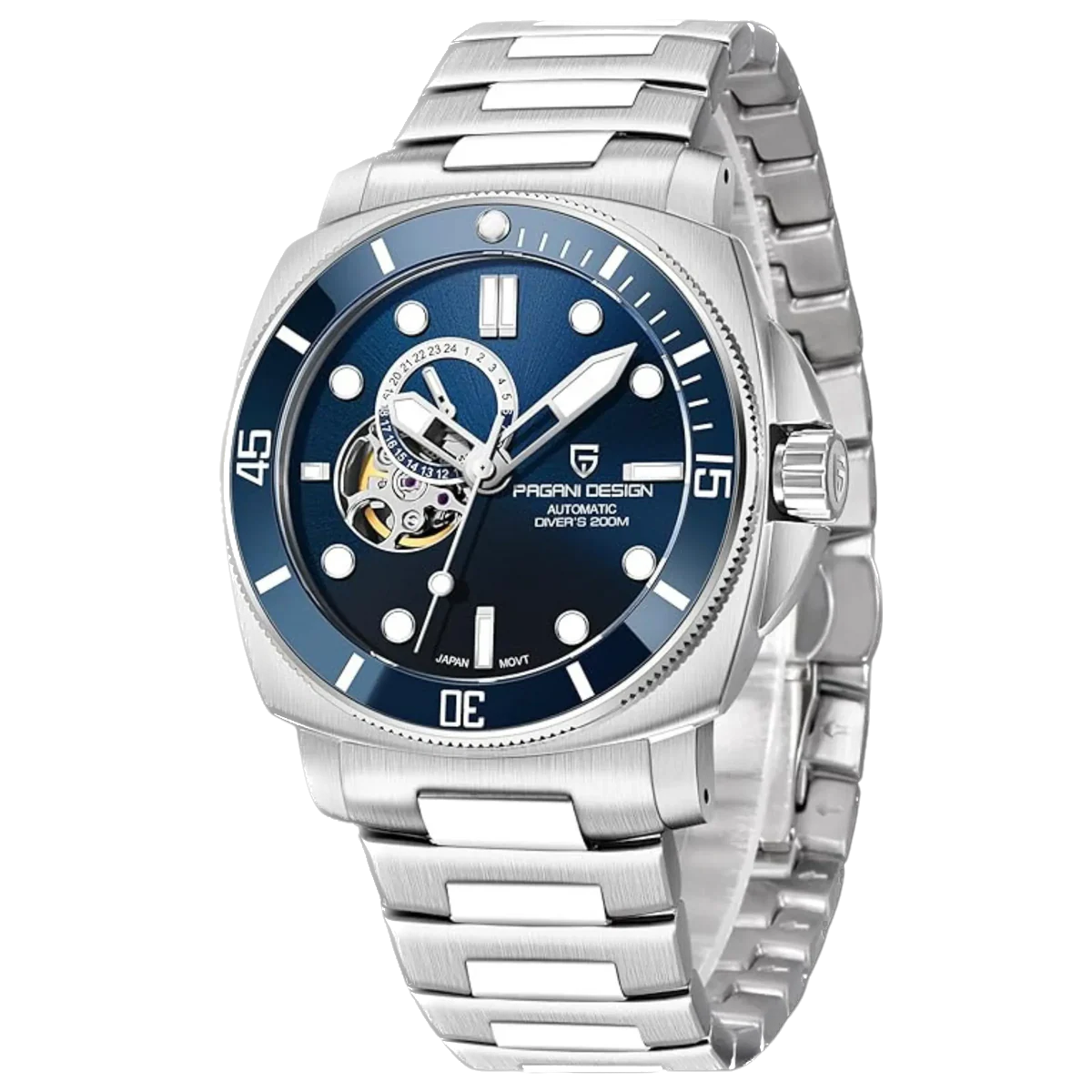 Silver watch with a blue dial on a white background