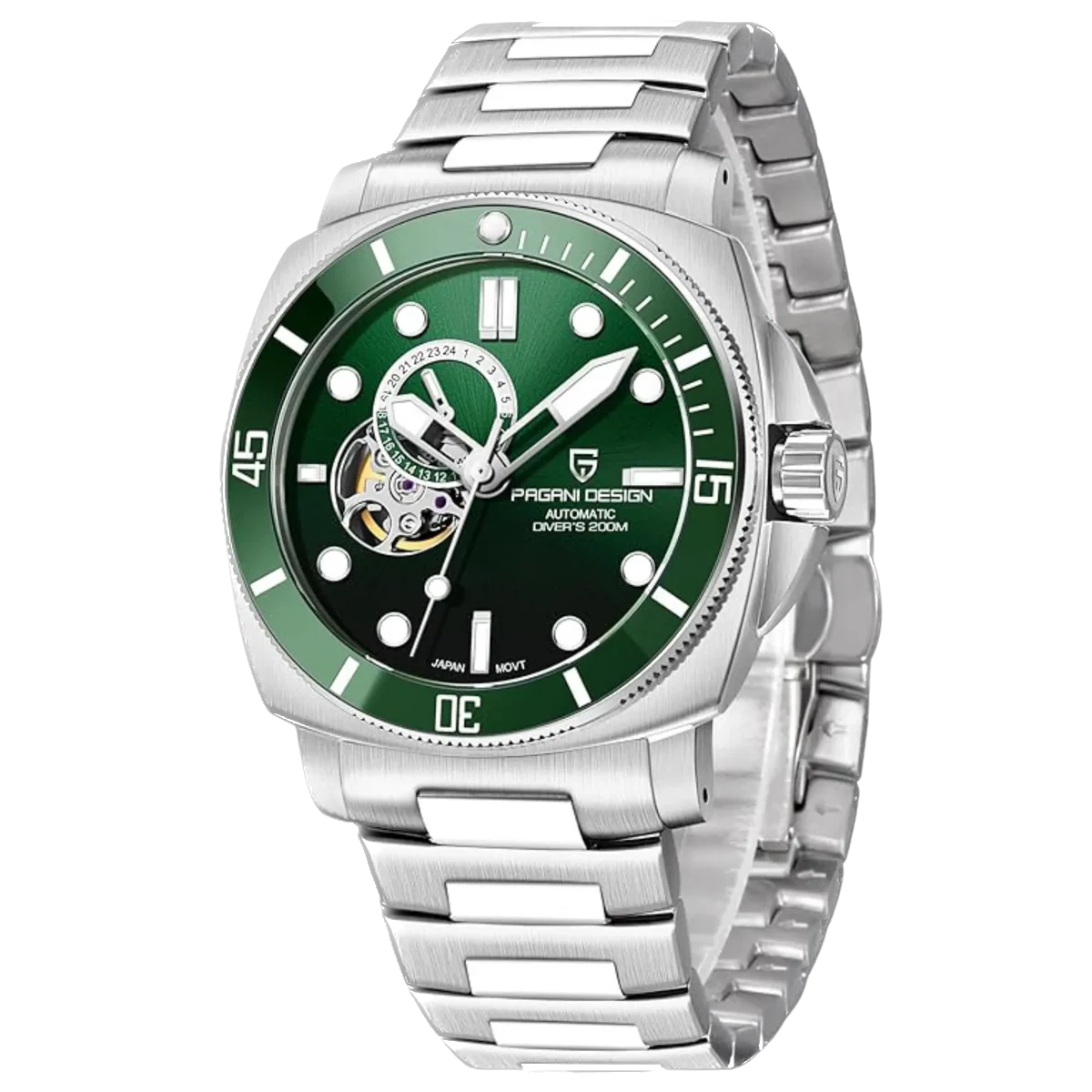 Wristwatch with green dial and silver metal strap on a white background