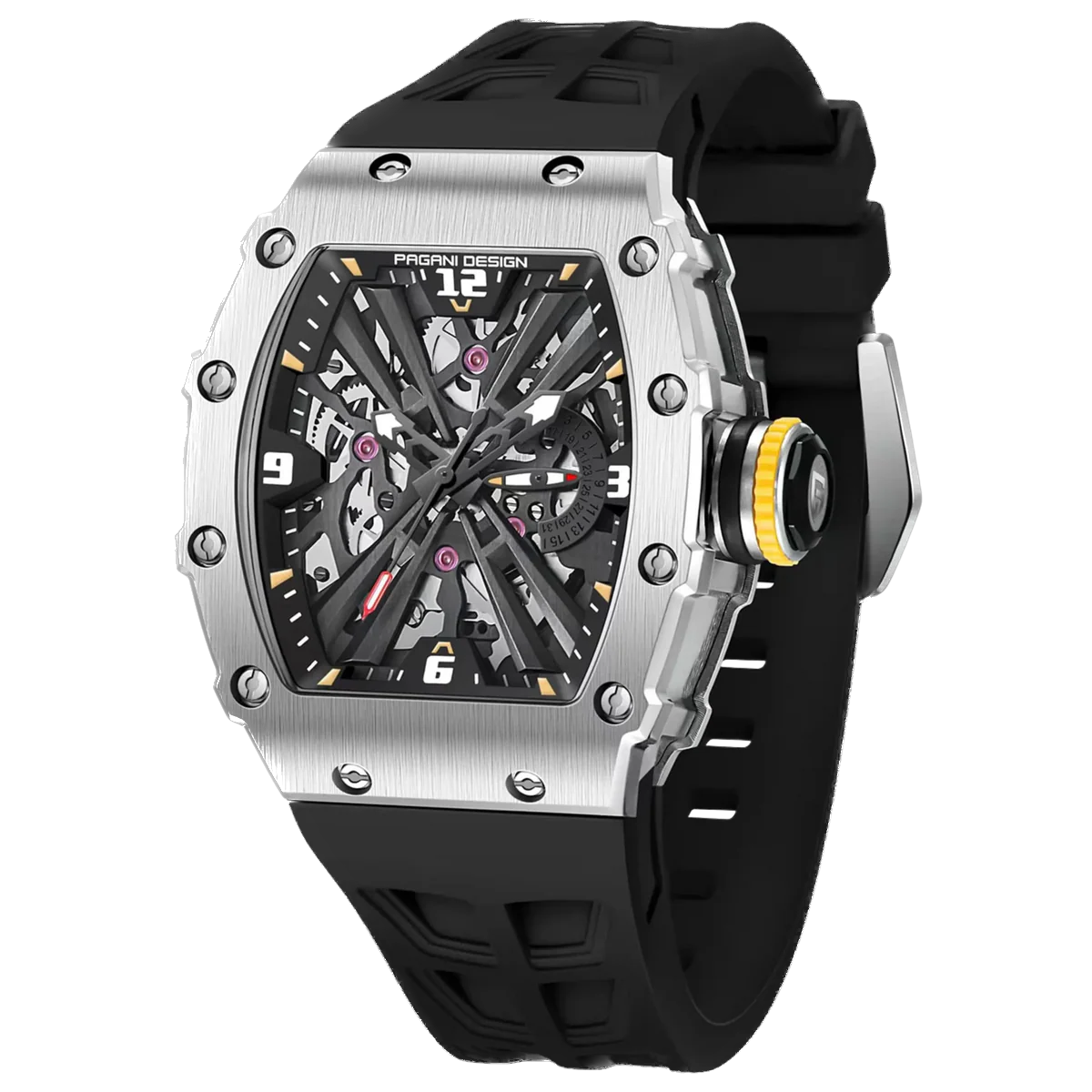 Luxury watch with black strap and silver case on a white background