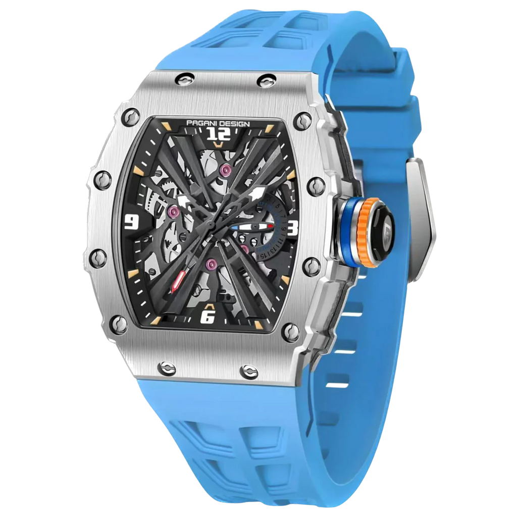 Blue watch with a detailed face on a white background