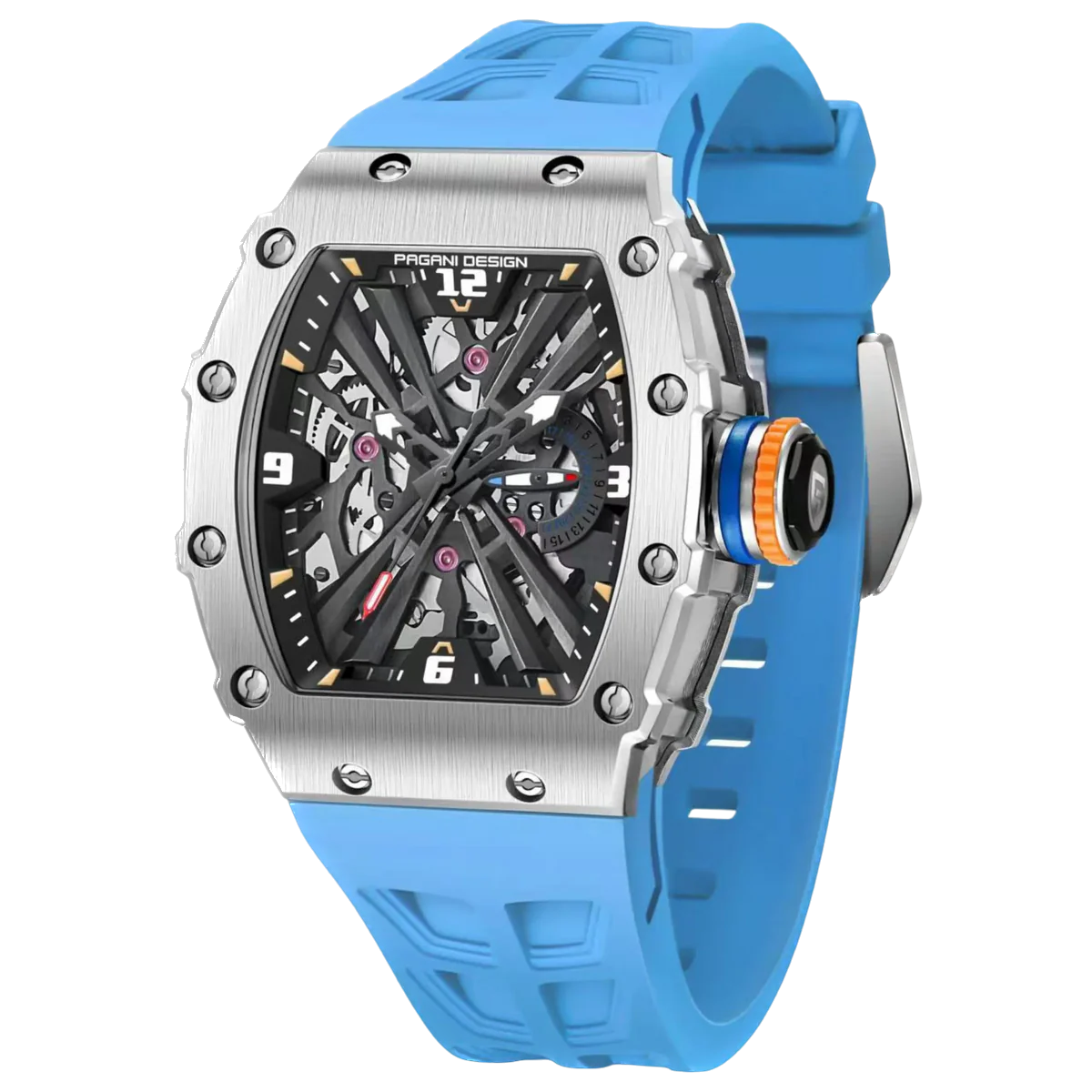 Blue watch with a detailed face on a white background