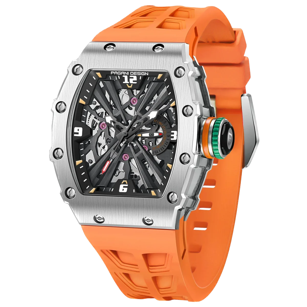 Watch with orange strap and silver case on a white background