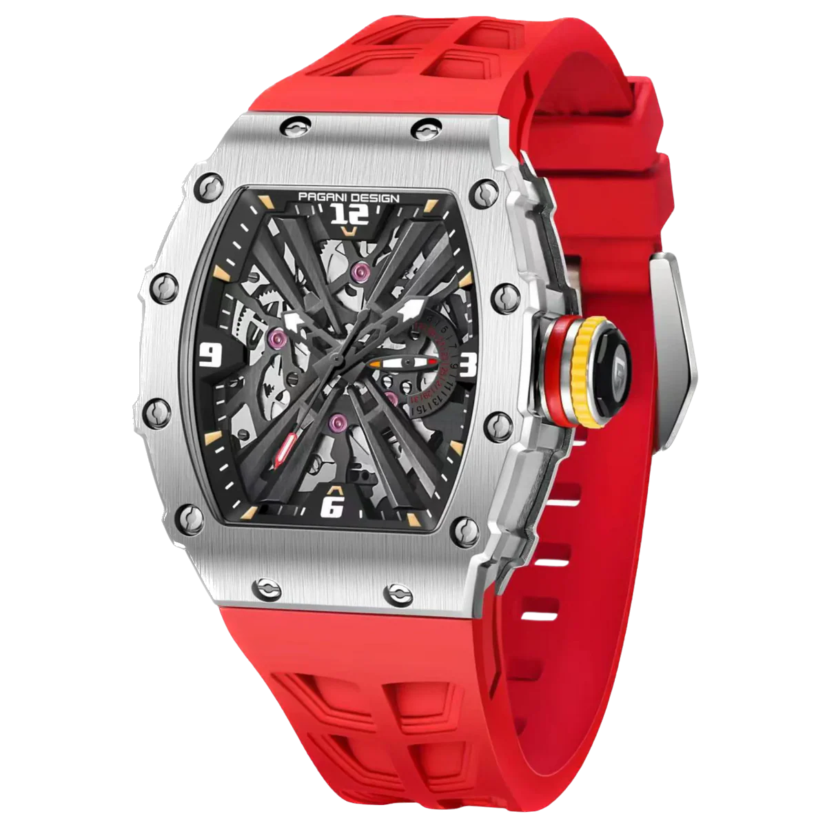 Watch with a red strap and silver case on a white background