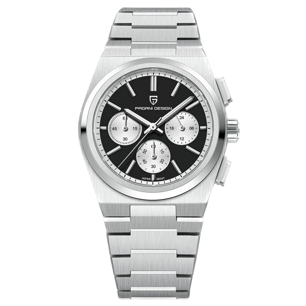 Silver watch with black dial on a white background
