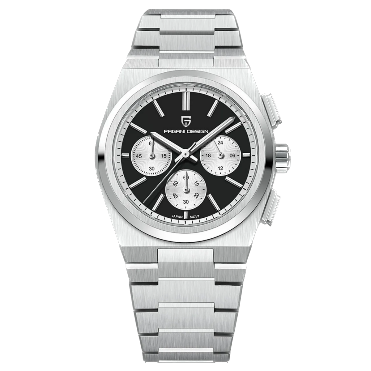 Silver watch with black dial on a white background