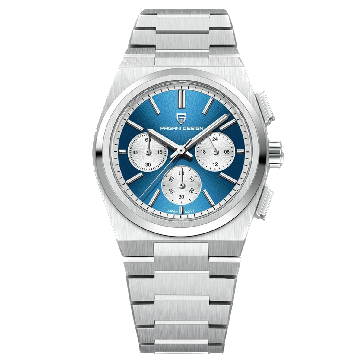 Silver watch with a blue face on a white background