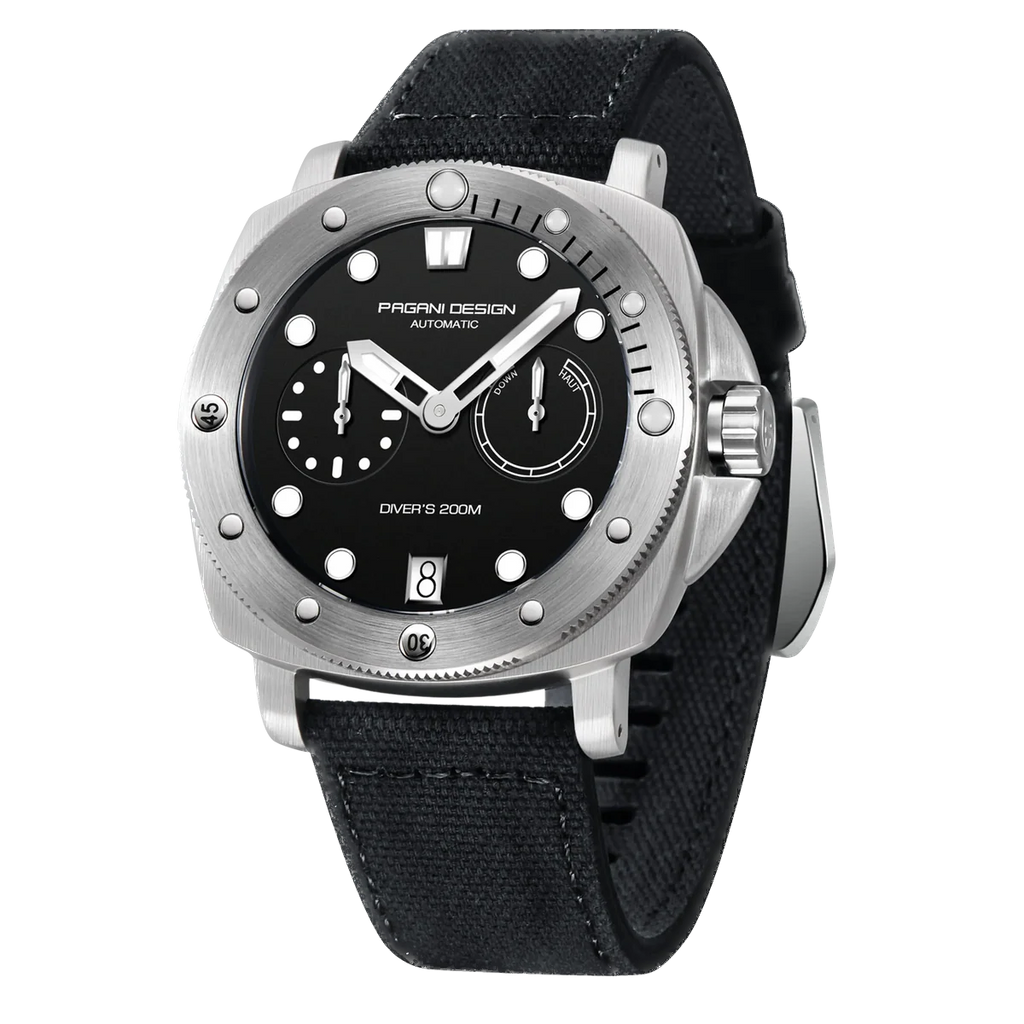 Watch with black face and black strap on white background