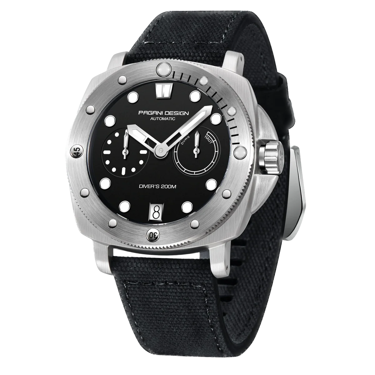 Watch with black face and black strap on white background