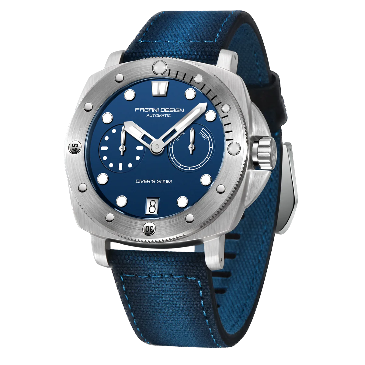 Watch with blue strap and silver case on a white background