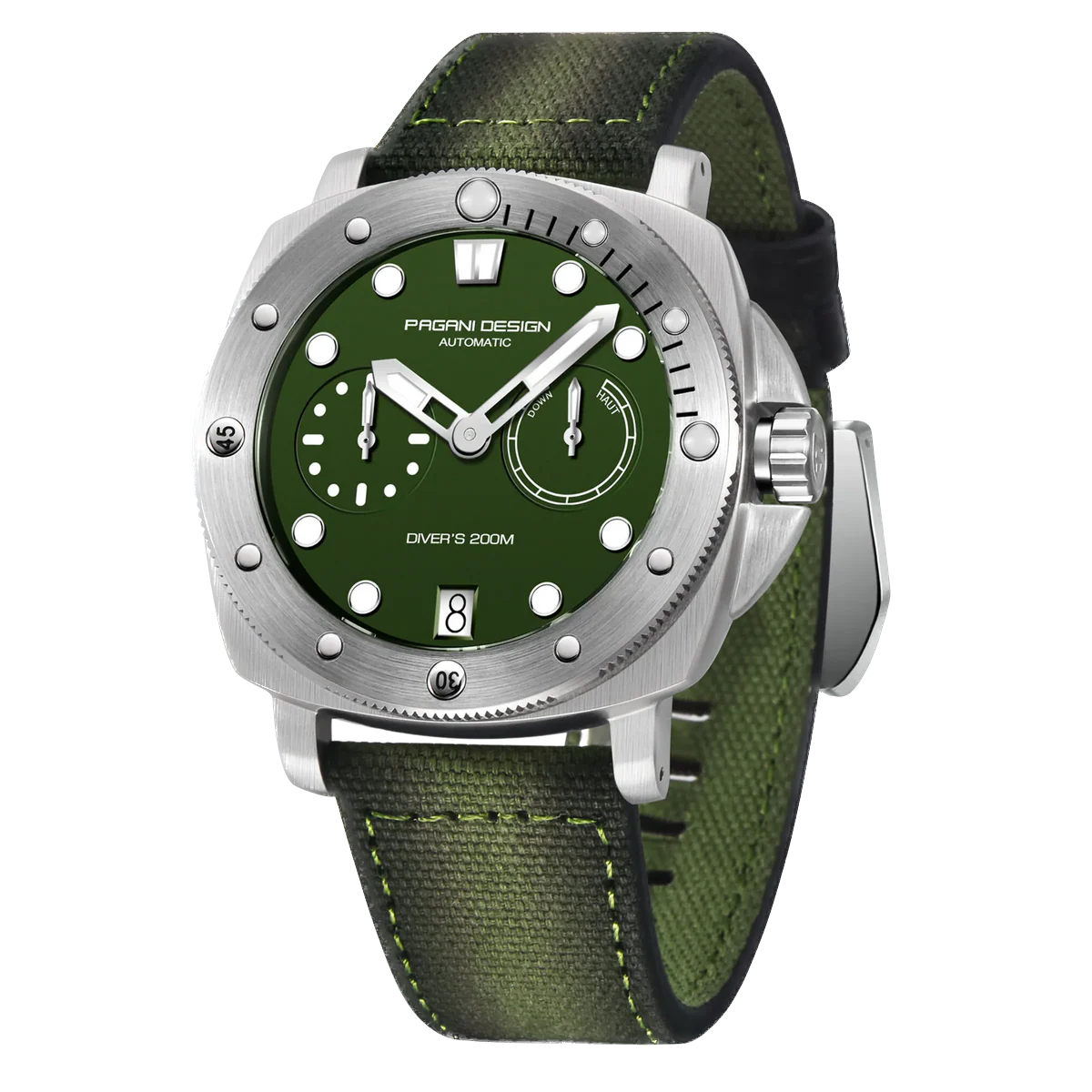 Watch with green strap and green dial on a white background