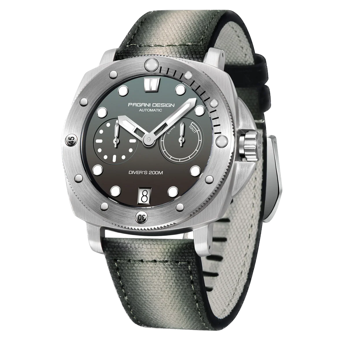 Watch with black dial and leather strap on a white background