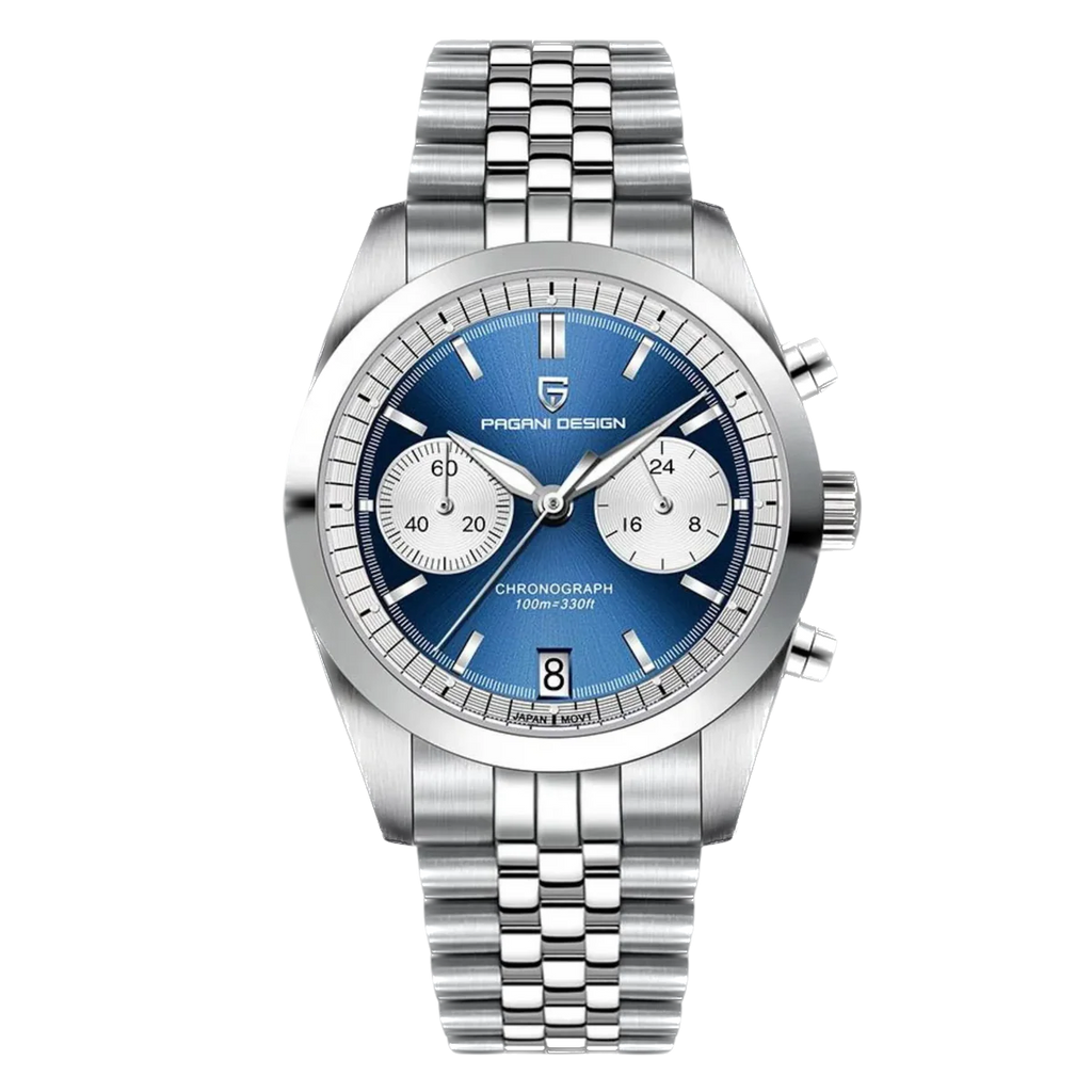 Silver watch with blue dial on a white background