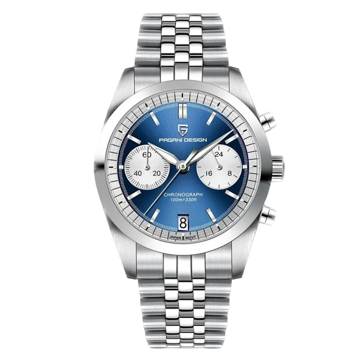 Silver watch with blue dial on a white background