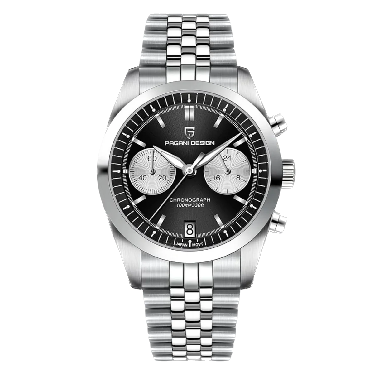 Silver watch with black dial on a white background