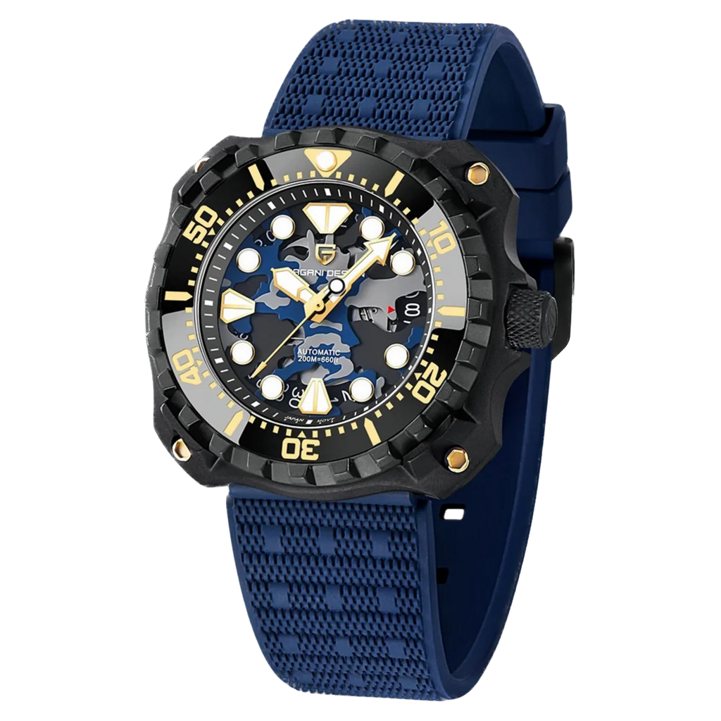 Wristwatch with blue strap and black dial on a white background
