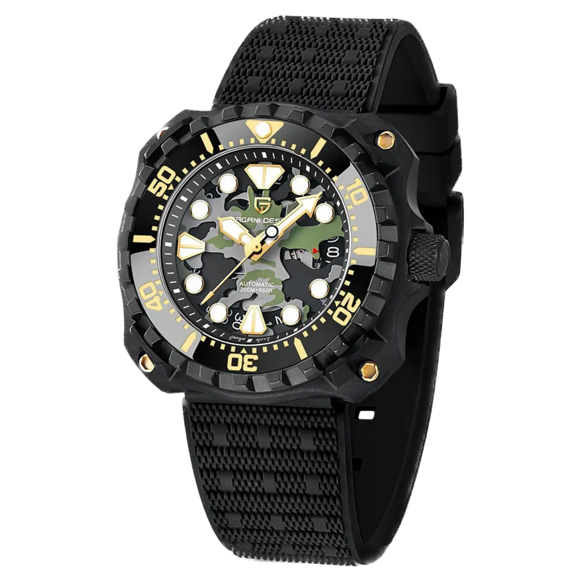 Black wristwatch with camouflage face on a white background