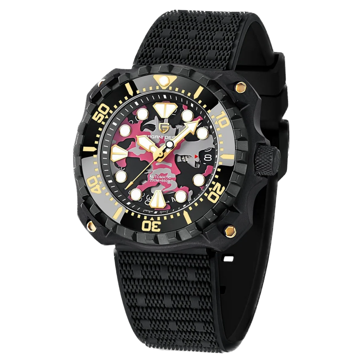 Black wristwatch with a detailed face on a white background