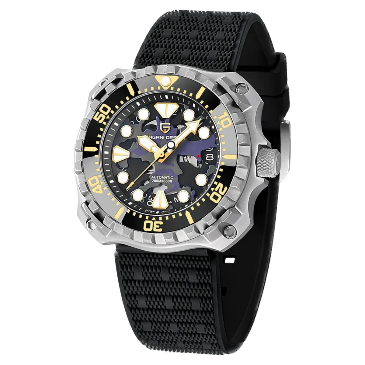 Watch with black strap and detailed face on a white background