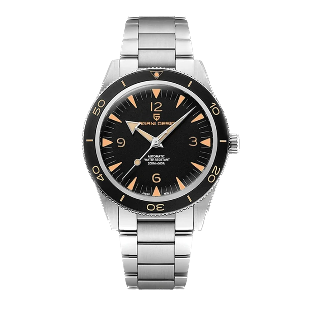 Watch with black dial and silver bracelet on a white background