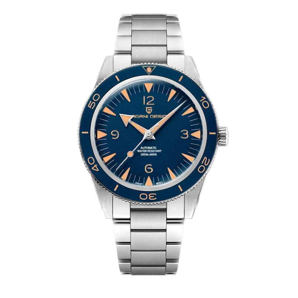 Watch with blue dial and silver bracelet on a white background