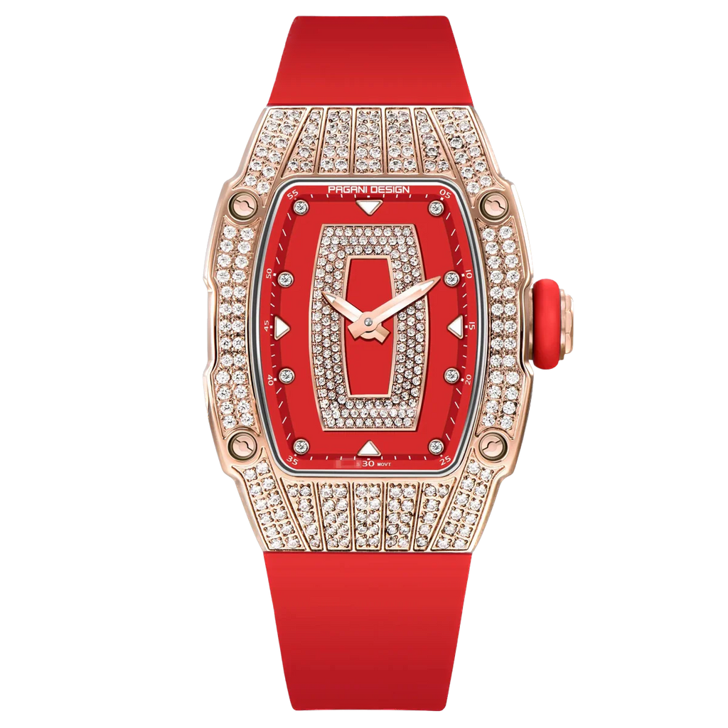Luxury watch with red face and strap on a white background