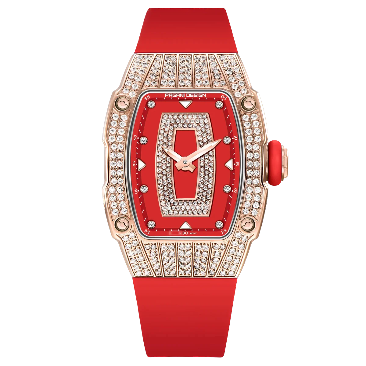 Luxury watch with red face and strap on a white background