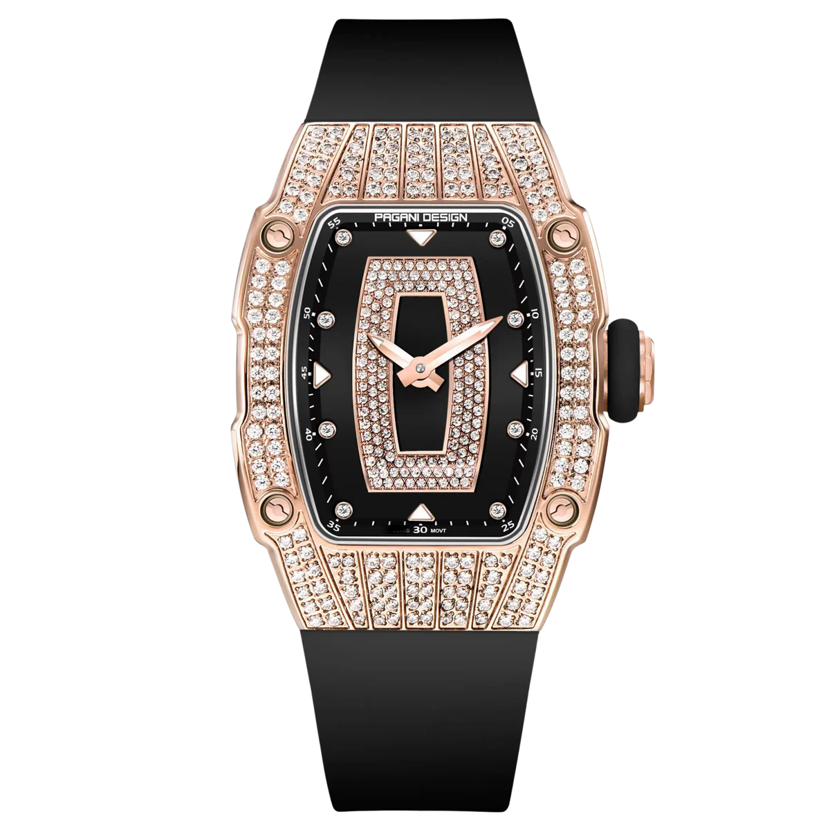 Luxury watch with rose gold case, black strap, and diamond-studded face on a white background